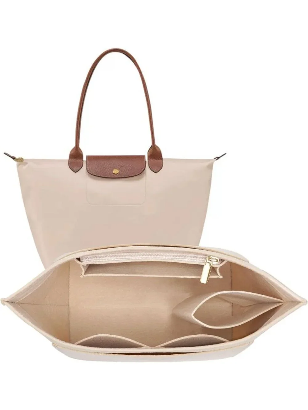 Felt Purse Organizer Insert for Long Handbags - Small Beige Storage Solution